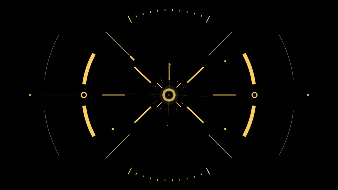 Animated formation of a circular, futuristic targeting reticle or scanner in yellow on a black background. Sci-fi HUD for military, tech, or gaming visuals