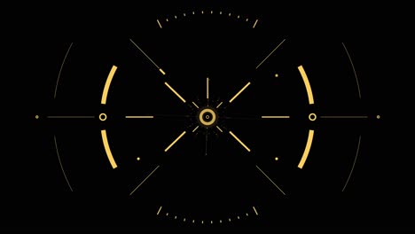 animated formation of a circular, futuristic targeting reticle or scanner in yellow on a black background. sci-fi hud for military, tech, or gaming visuals