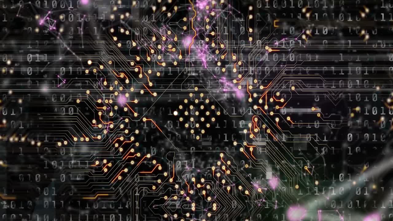 animación de interferencia sobre el código qr, la placa de circuitos informáticos y el procesamiento de datos