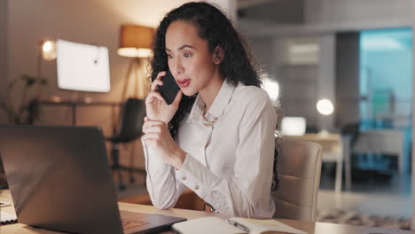 Phone-call,-night-and-woman-on-laptop