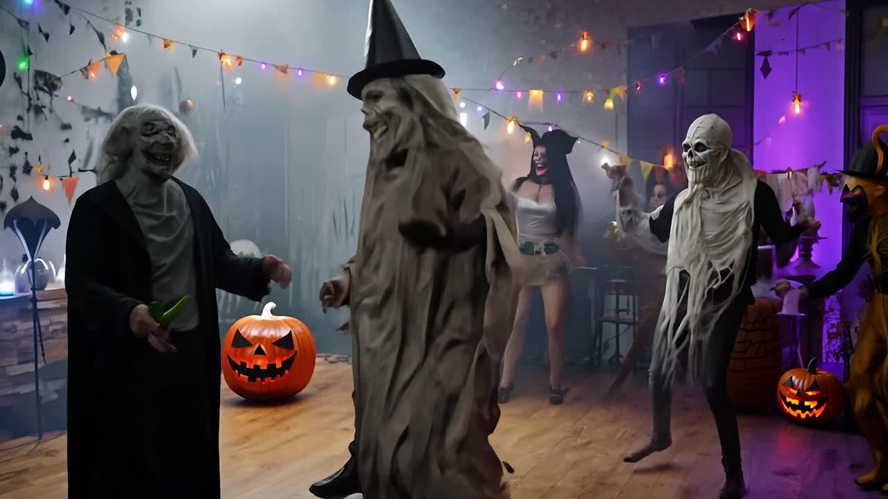 un grupo de amigos divirtiéndose en una fiesta de halloween