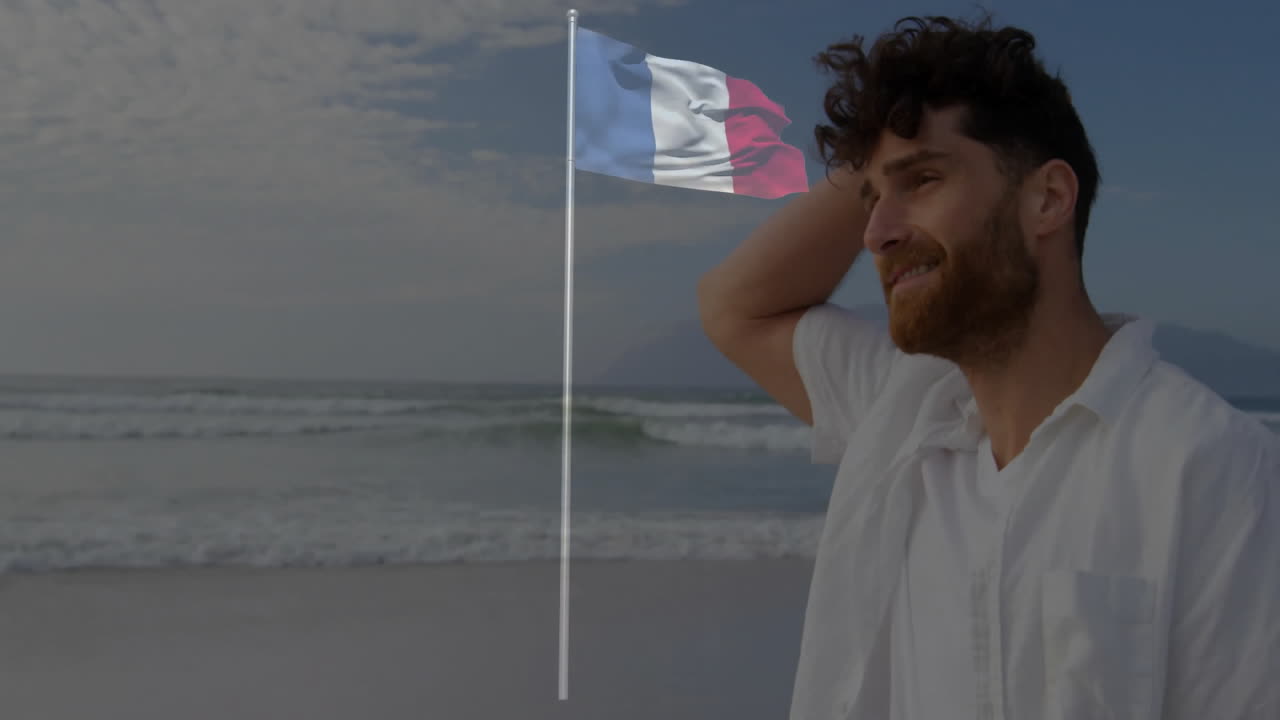 Waving French flag on beach, man standing near ocean with animation theme