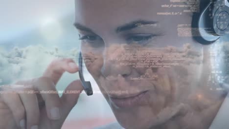 Animation-of-data-processing-over-businesswoman-using-phone-headset