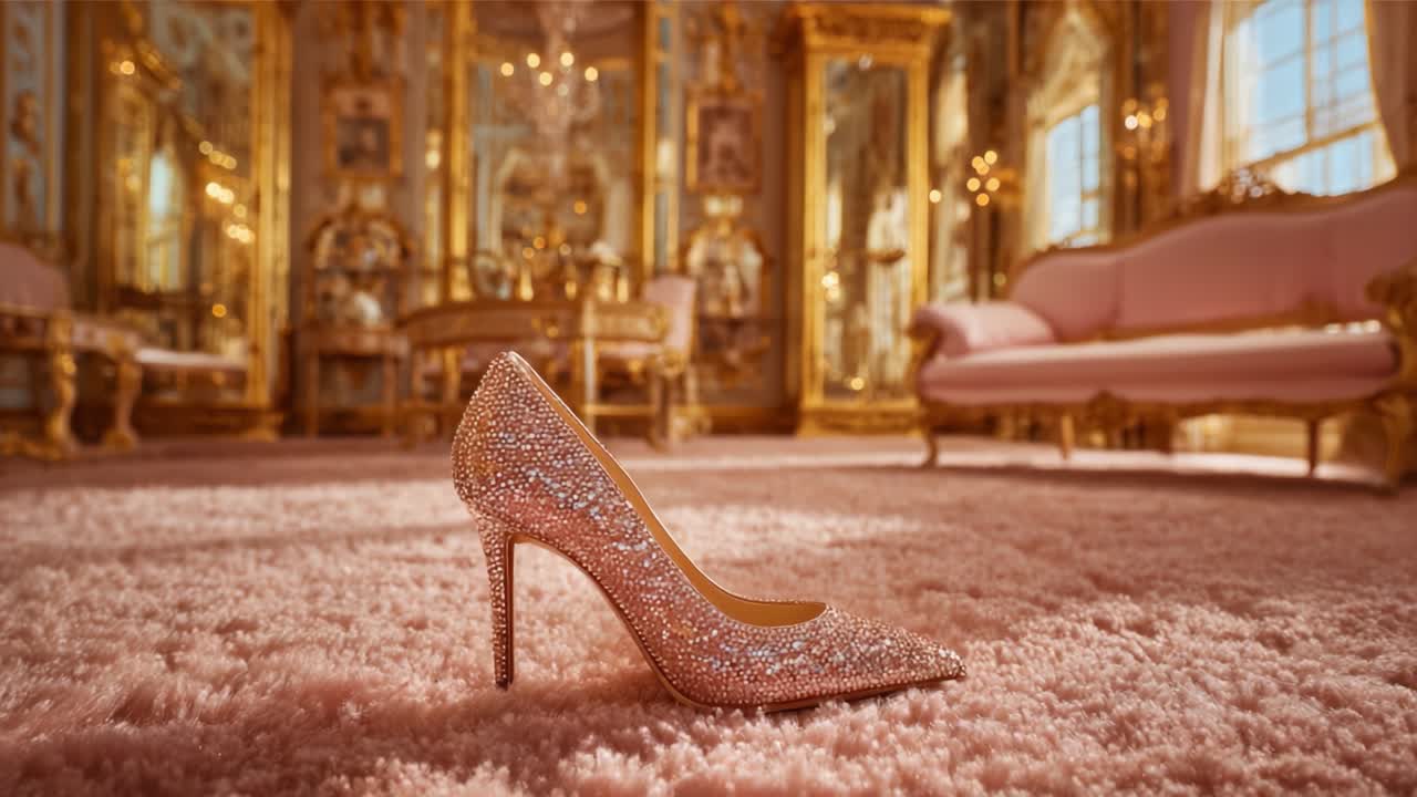 A Stunning Sparkling High Heel Shoe in an Elegant Room Showcasing Luxurious Decor and Rich Textures in a Glamorous Setting