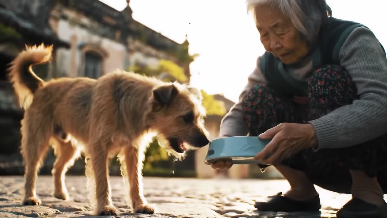 A Heartwarming Moment: An Elderly Woman Cares for Her Adorable Dog by Serving Food in a Beautiful Outdoor Setting During Golden Hour