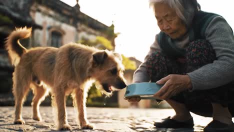 a heartwarming moment: an elderly woman cares for her adorable dog by serving food in a beautiful outdoor setting during golden hour