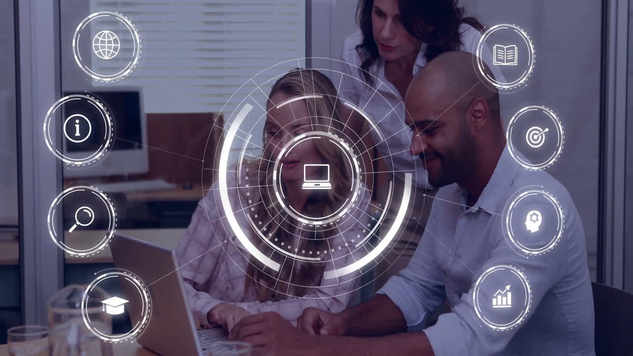 Collaborating in office, business team using laptop with digital animation overlay