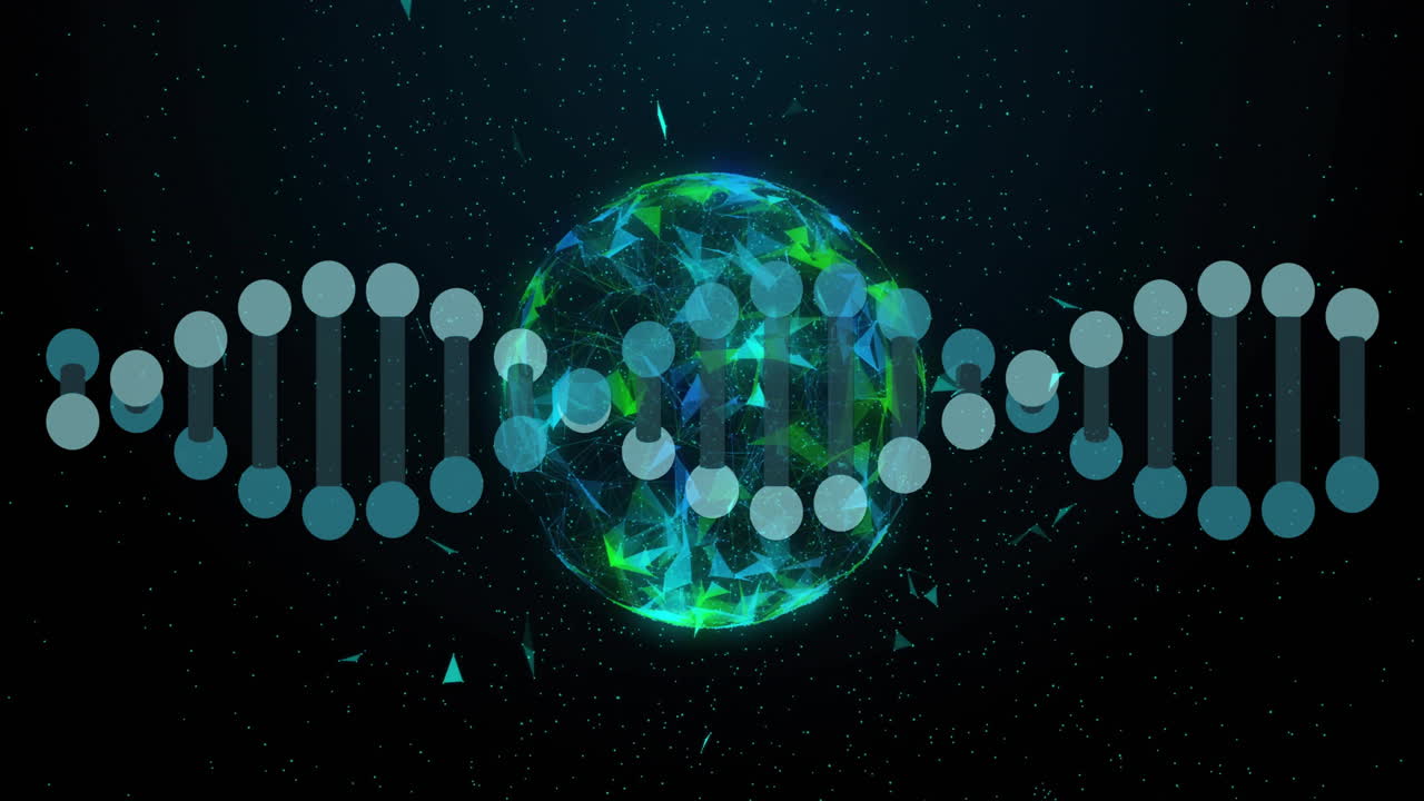반이는 입자로 회전하는 지구 위의 dna 스트랜드 애니메이션