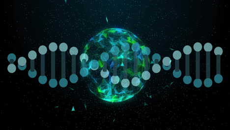 animación de cadena de adn sobre un globo giratorio con partículas brillantes