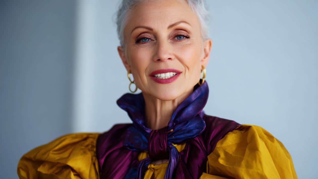 Invecchiamento con stile: una donna sicura di sé che mette in mostra una moda senza tempo con colori vivaci e texture uniche, abbinata ad accessori brillanti per un'eleganza moderna