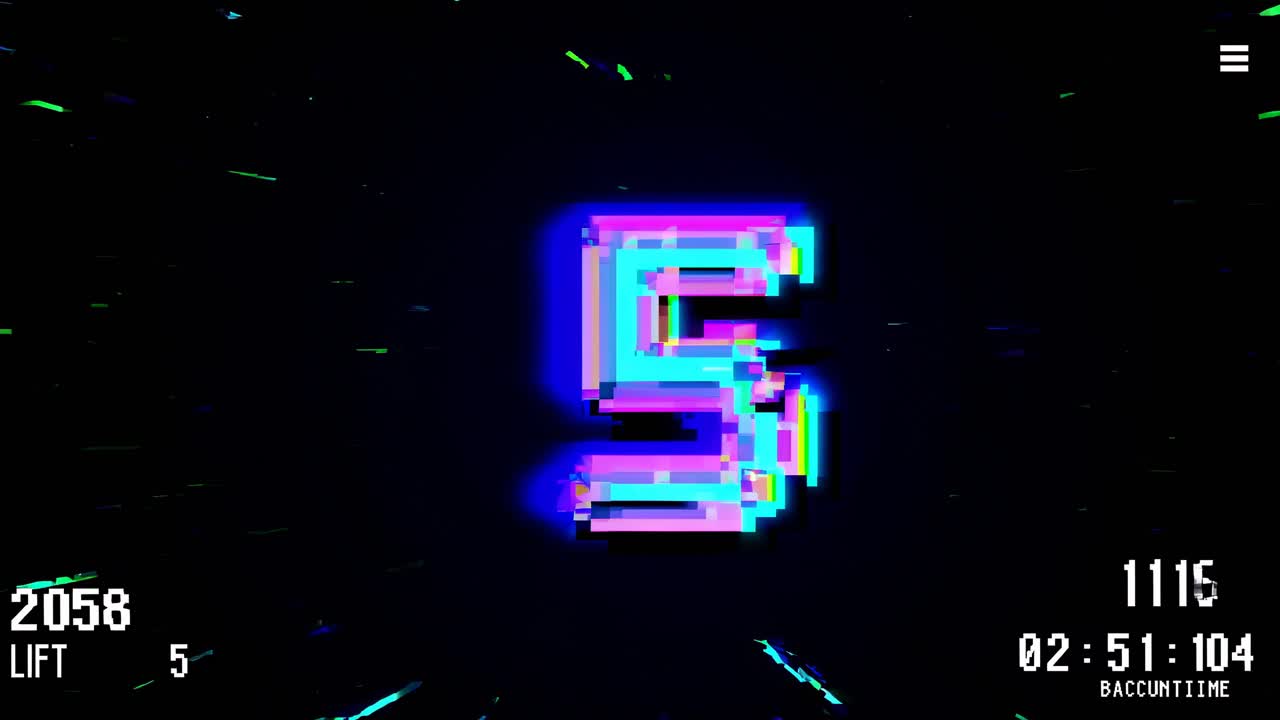 Glitchy digital countdown video with a retro aesthetic. Centralized number 5, dynamic zoom effect