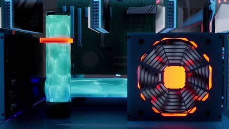 animación 3d de equipos de minería en bastidores de soporte minero criptomoneda en contenedor de acero. aplicación de tecnología blockchain específico centro de datos de circuitos integrados. luces de sala de servidores.