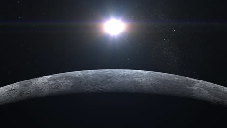 luna. una pequeña parte de la luna está iluminada por el sol. vista desde el espacio. la luna gira lentamente. las estrellas brillan. 4k. el sol está en el marco.