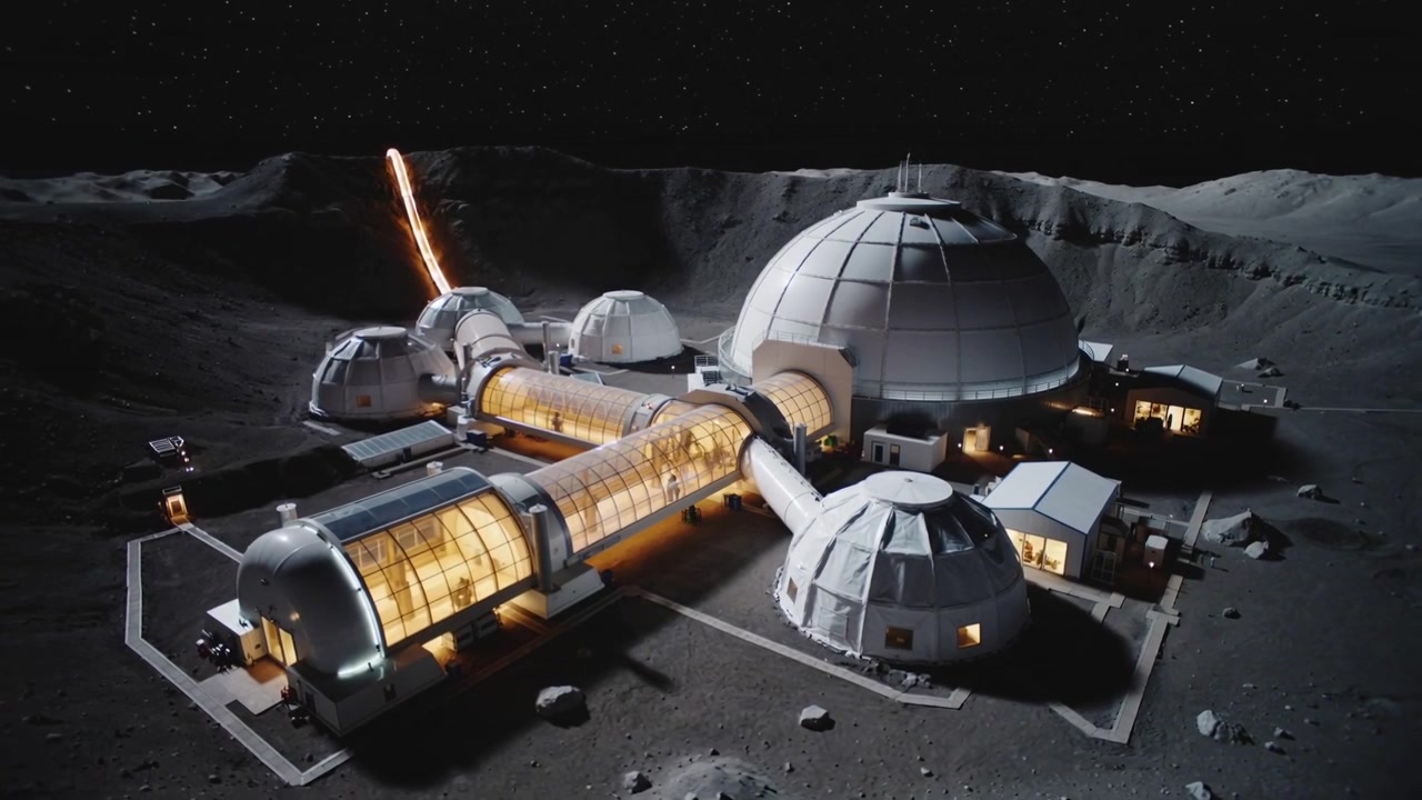 Faixa laranja ascendente arqueando sobre a borda da cratera, base lunar brilhando com corredor de estufas iluminado