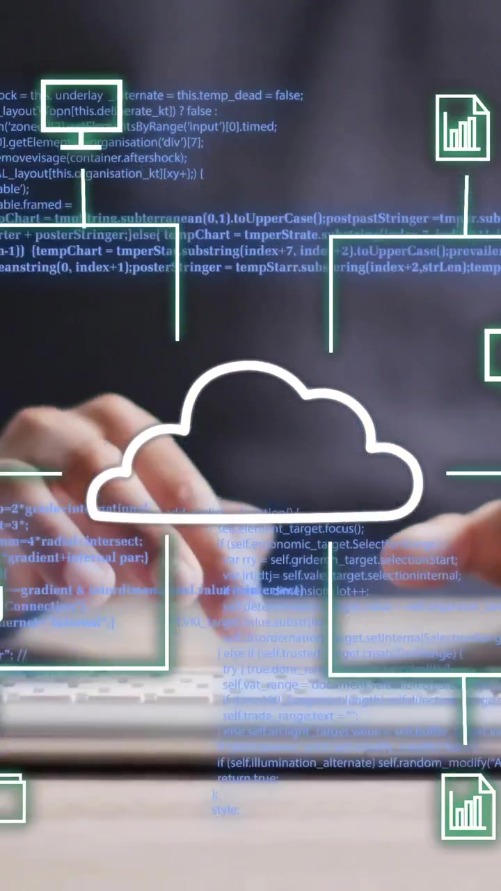 Typing on keyboard, cloud computing and data security animation over code background