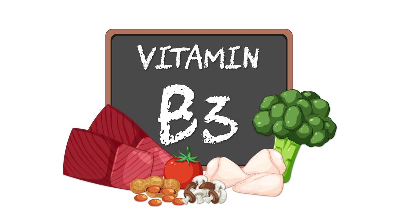 Lavagna con il testo Vitamina B3, circondata da fonti alimentari illustrate, composizione uniforme, sfondo bianco