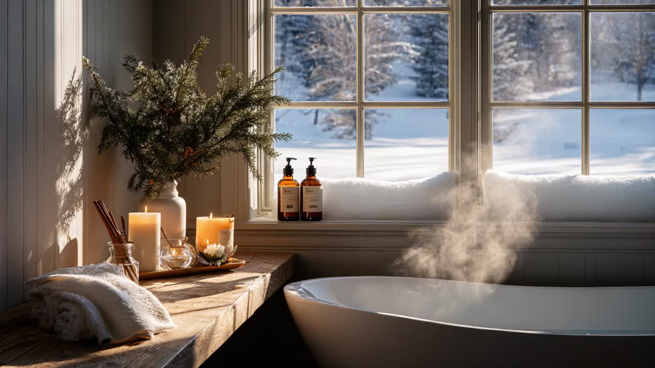 A Serene Winter Retreat: Cozy Bathroom with Steamy Bathtub Surrounded by Frosty View, Elegant Candles, and Nature-inspired Decor Creating a Perfect Relaxation Space on a Snowy Day