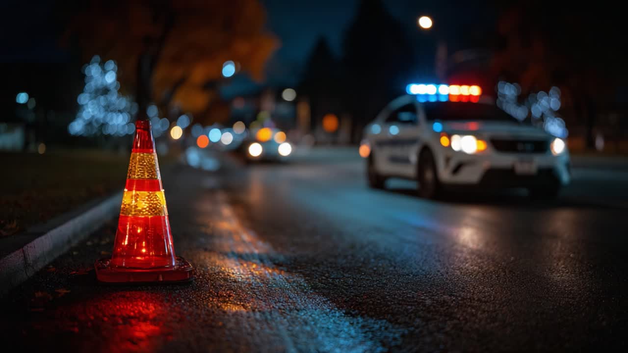 Nighttime Traffic Scene featuring Emergency Vehicles and Warning Cones, Highlighting the Importance of Safety and Awareness in Urban Settings