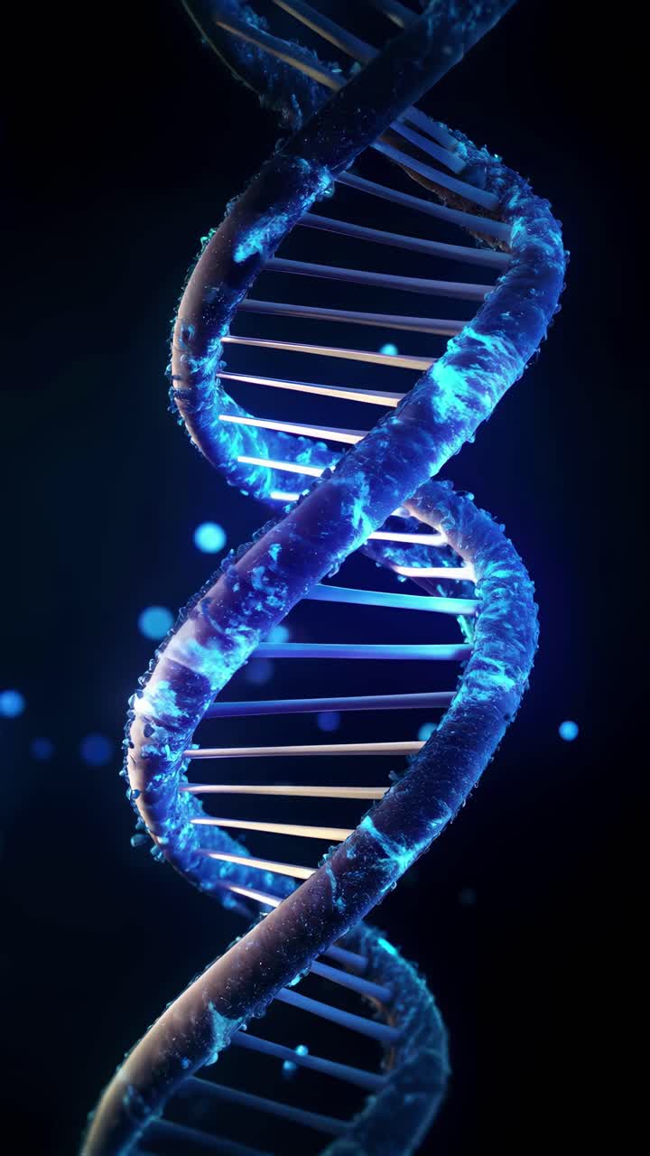 Close-up video of a glowing DNA strand, captured from a low angle