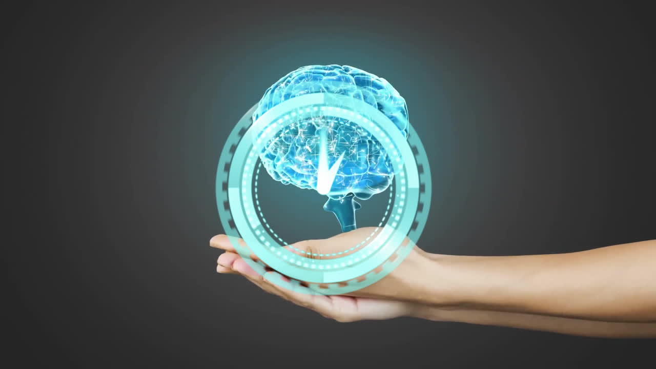 홀로그램 뇌를 들고, 미래 기술 애니메이션을 표시하는 손