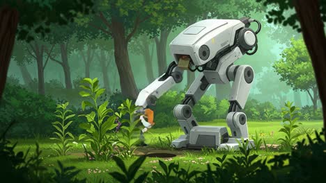 a futuristic robotic machine tending to plants in a lush green forest, showcasing harmony between technology and nature as it carefully cultivates the environment