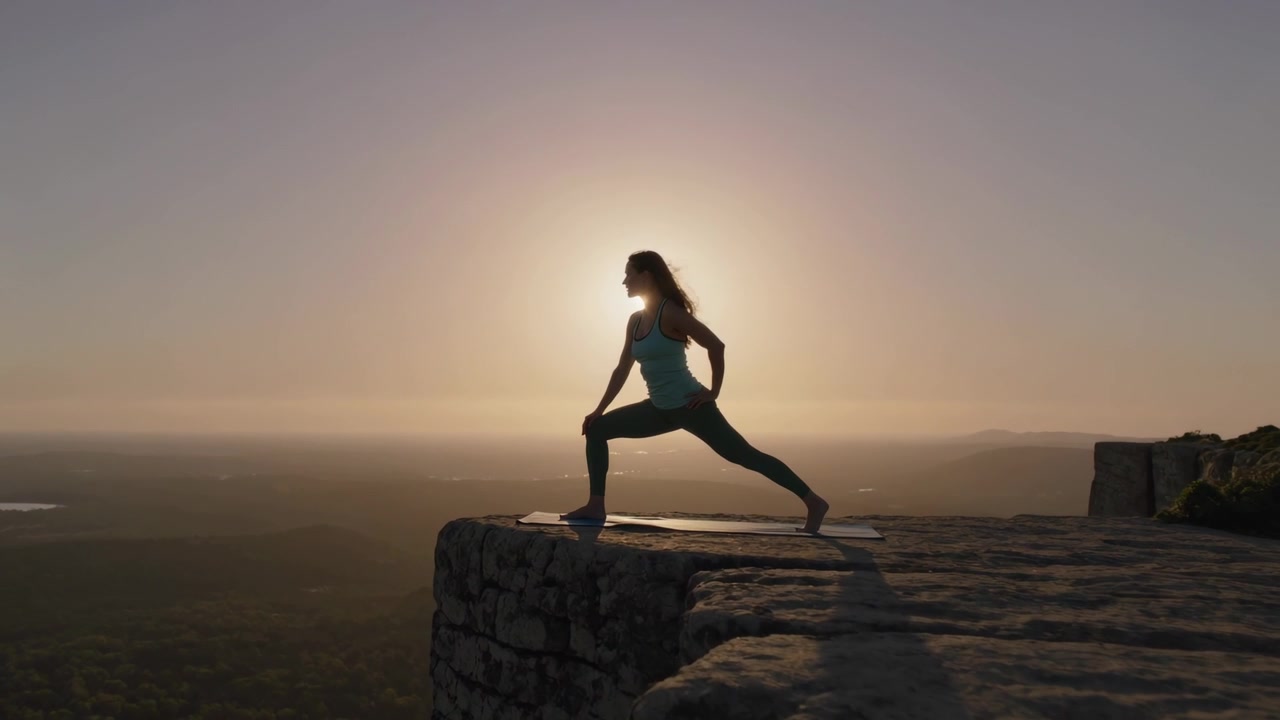 Donna che si allena in canotta e leggings, praticando affondi su una sporgenza di pietra con un tappetino, mentre il sole tramonta.