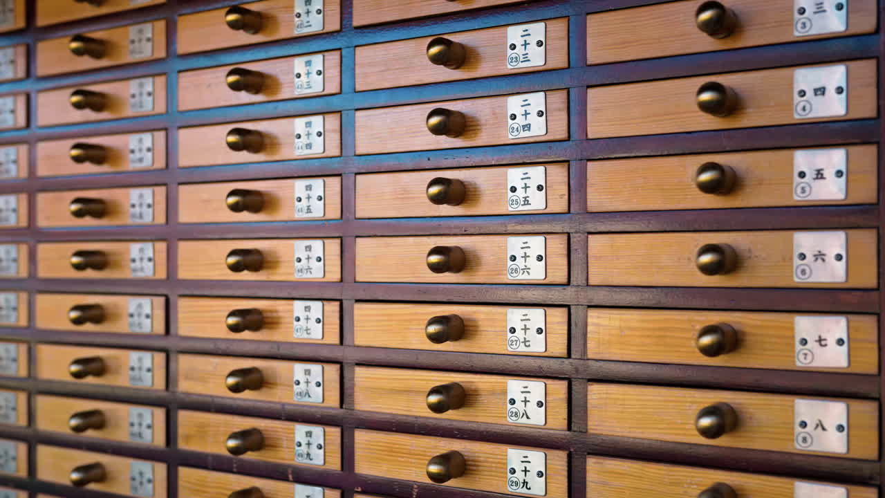 Close up of fortune drawers at the Senso-ji temple in Asakusa, Tokyo, Japan