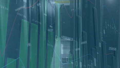 animation of multiple graphs and numbers moving over data server room