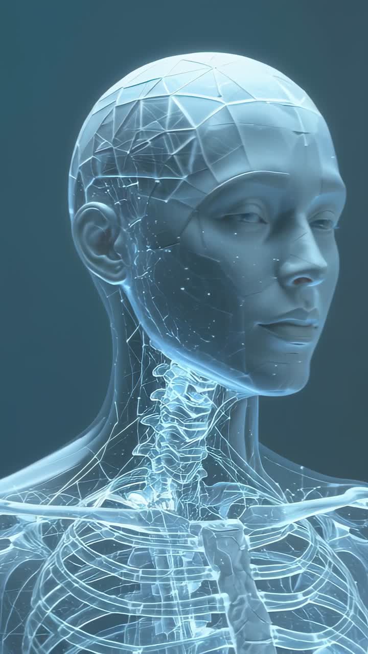Vídeo vertical: Câmera panorâmica revelando um busto transparente girando em estúdio para digitalização, mostrando filamentos neurais.