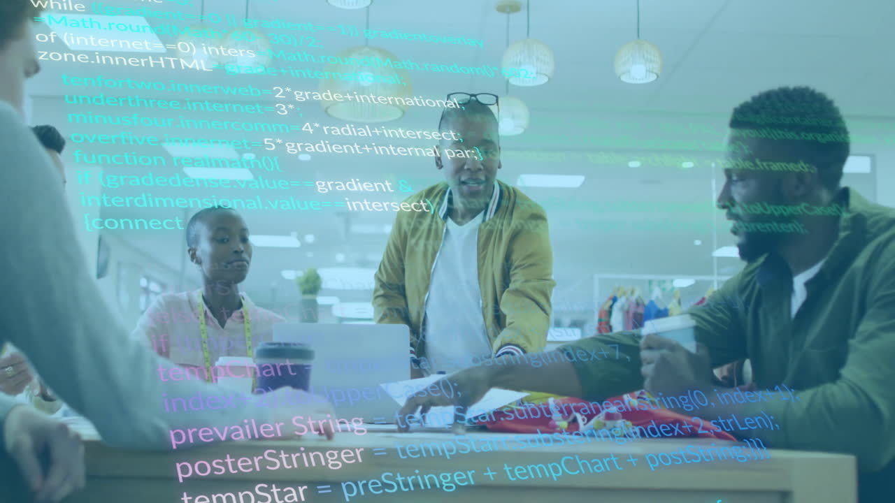 Diverse team collaborating on project with code animation overlay in modern office