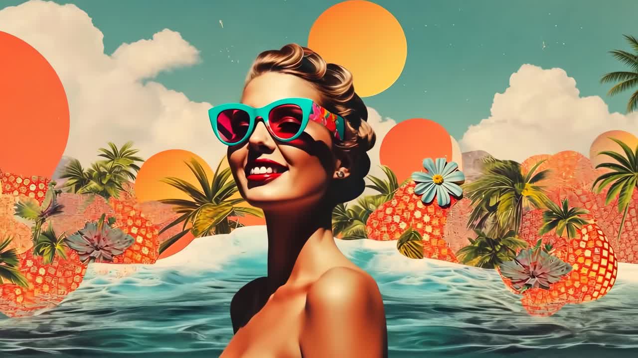 Sürreal bir plaj sahnesiyle retro video tarzı. Güneş gözlüklü bir kadının alçak açıdan çekimi.