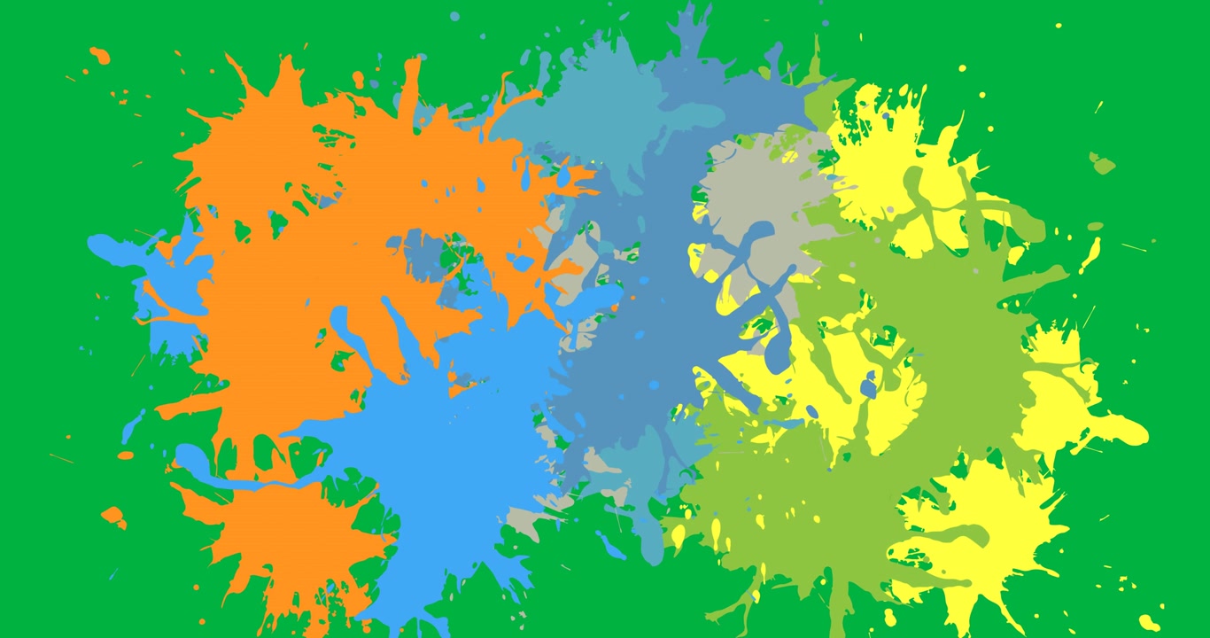Animazione digitale di un banner con schizzi di vernice colorati e spazio per il testo su sfondo nero.