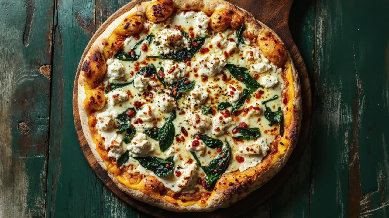 스파나치와 토핑이 있는 맛있는  피자