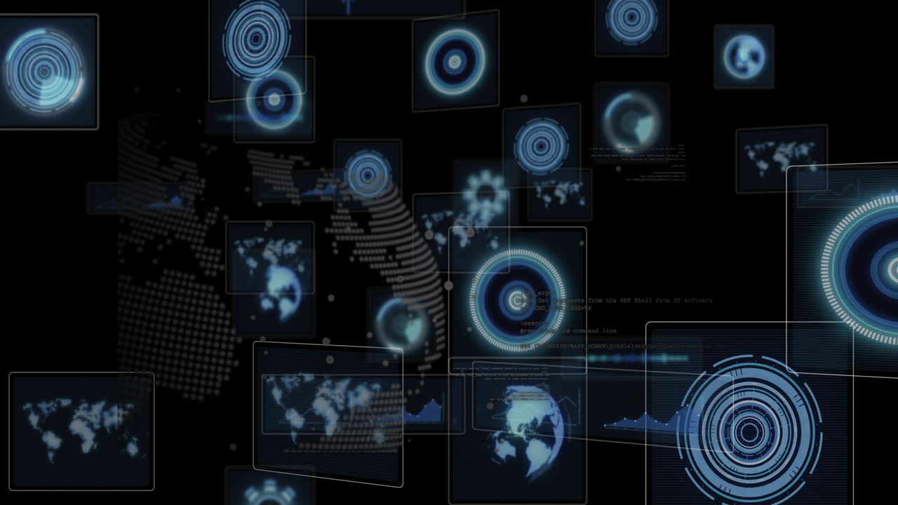 Holographic interface floating in dark virtual space, displaying HUD graphs and maps in flat design