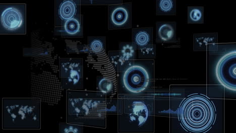 holographic interface floating in dark virtual space, displaying hud graphs and maps in flat design