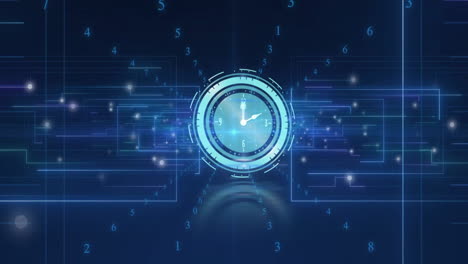 glowing numbers and geometric patterns surrounding digital clock face in animation