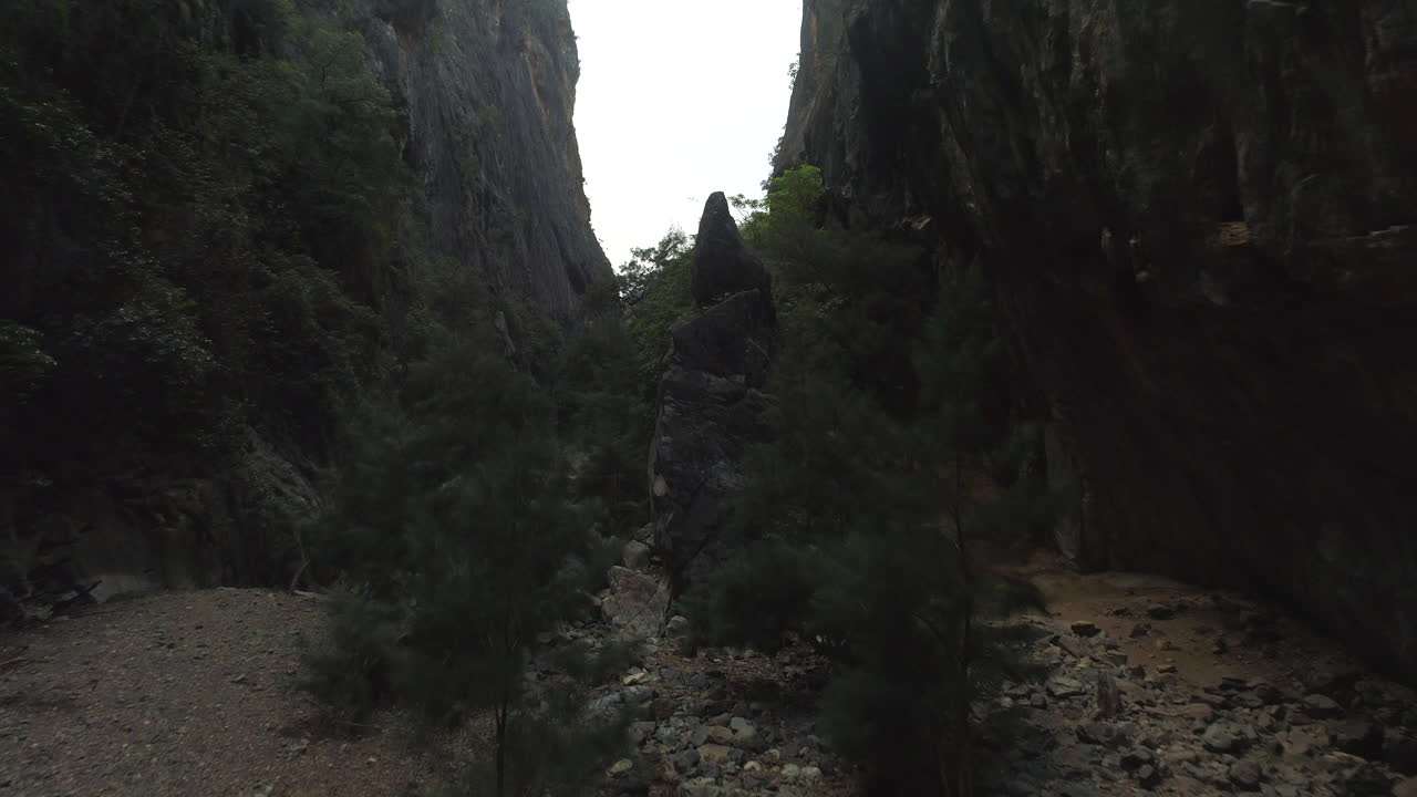 Aerial drone flying low and backwards inside a huge gorge close to trees and giant rocks in thick Australian bush land on a foggy winter morning in the Bungonia National Park NSW Australia.