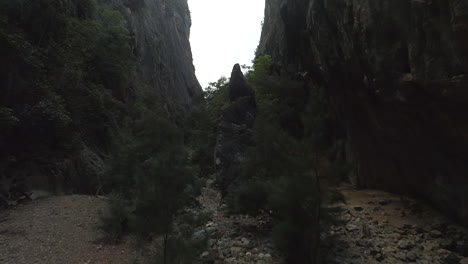 aerial drone flying low and backwards inside a huge gorge close to trees and giant rocks in thick australian bush land on a foggy winter morning in the bungonia national park nsw australia.