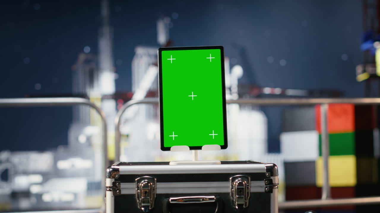Vertical green screen tablet on empty oil rig connected to a dashboard