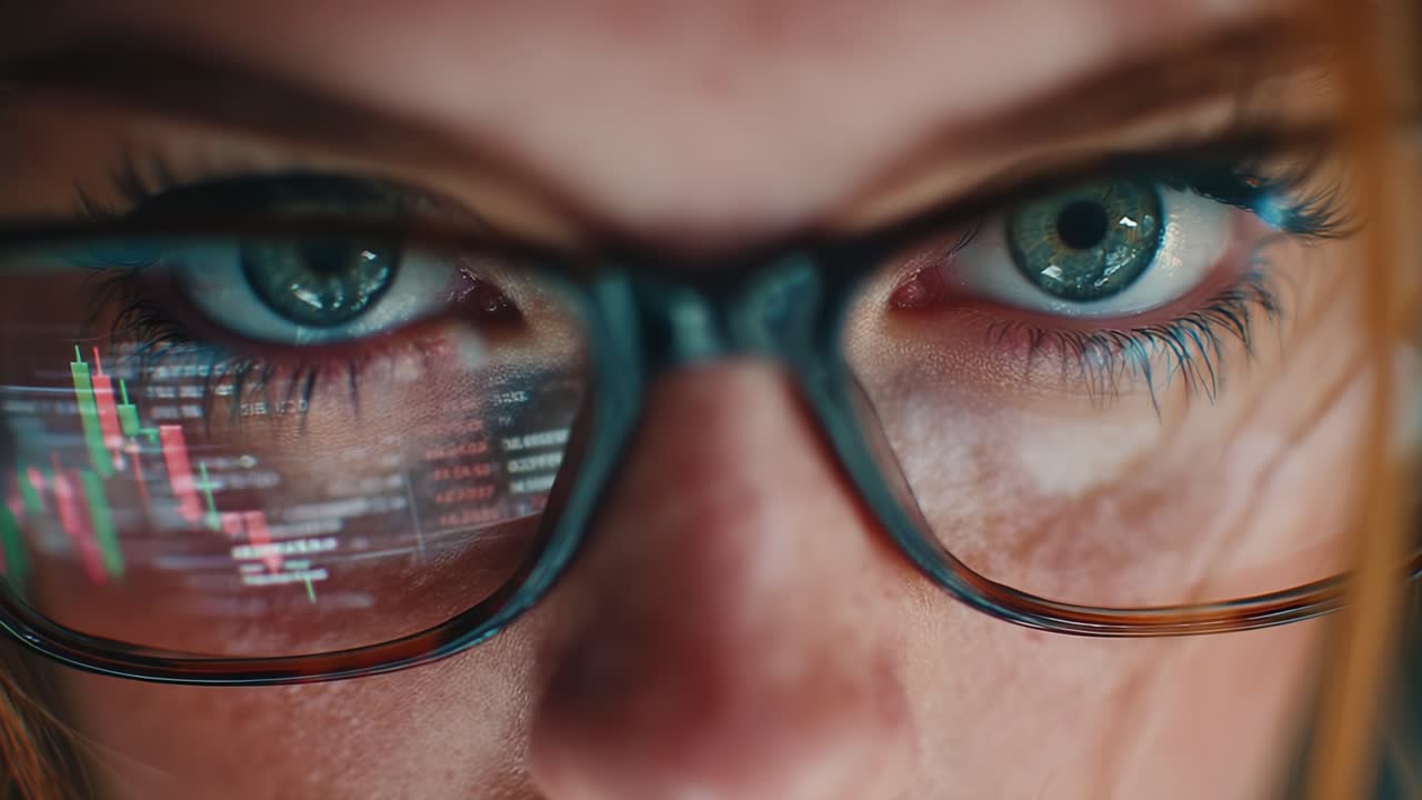 Intense Focus on Market Trends: A Close-Up of Eyes Behind Glasses Capturing Stock Prices and Data, Reflecting the Determination and Analysis of Trading Dynamics