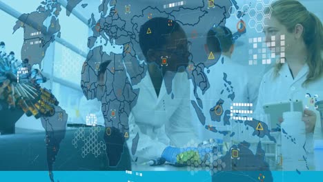 Animation-of-world-map-over-diverse-doctors-in-lab