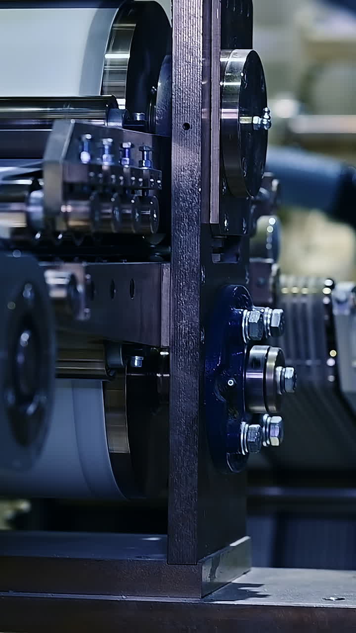 Automated mechanisms working harmoniously at the factory producing diapers. Conveyor line passing nappies side view. Vertical video