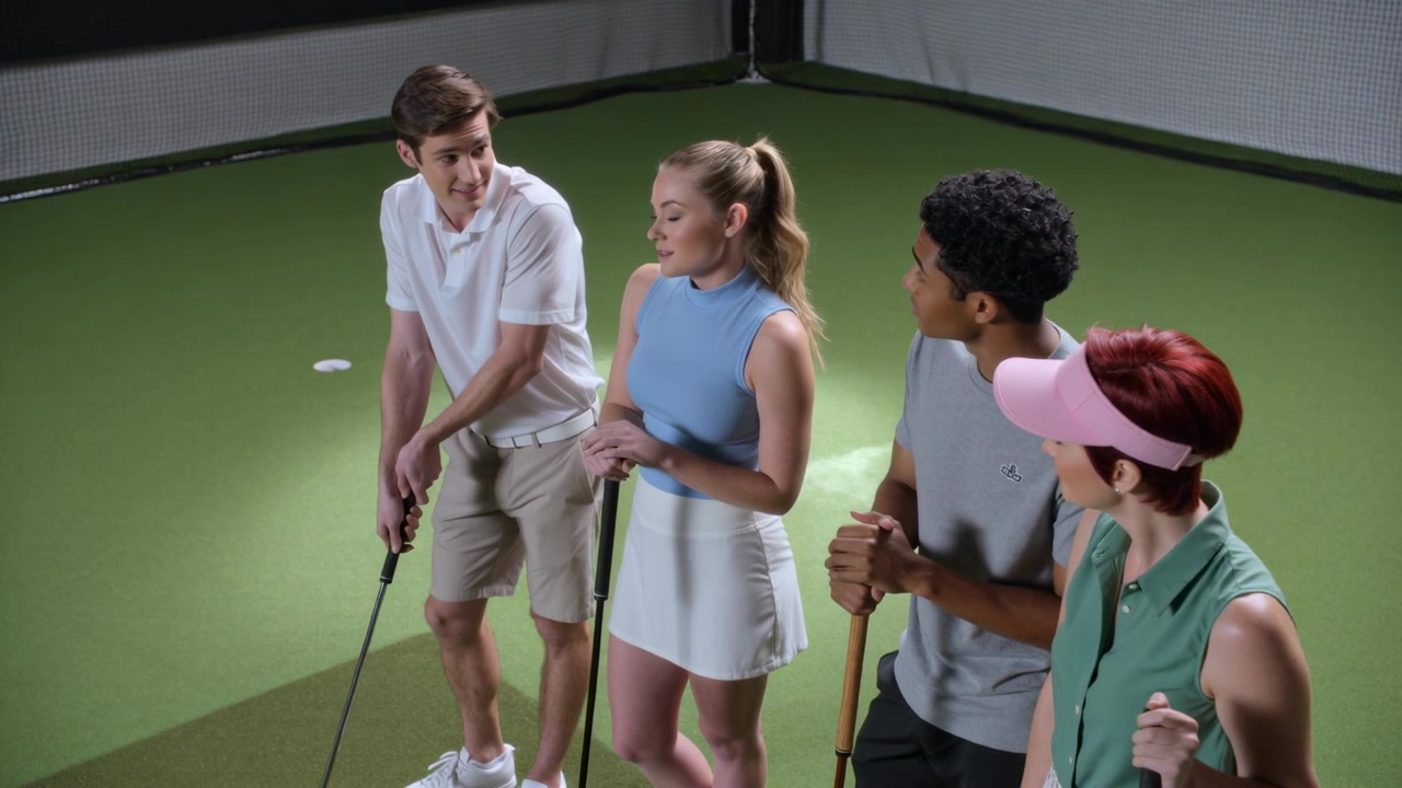 Il golfista più a sinistra si prepara a imbucare, istruendo i compagni in una postazione di pratica con putter e una visiera rosa