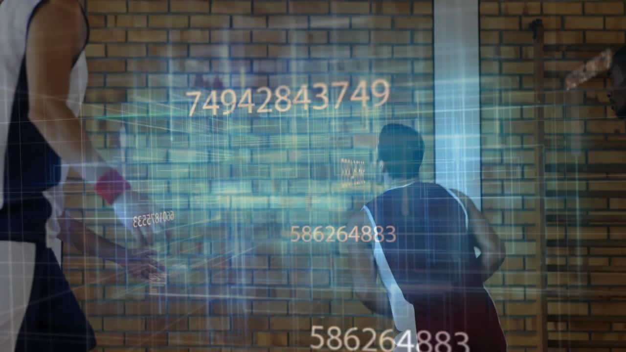 Players doing footwork as sports hologram data tracking ball, player securing ball driving to hoop