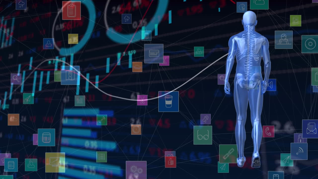 animación de procesamiento de datos y humano digital en fondo negro