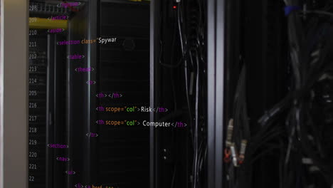 html code animation over server racks in data center