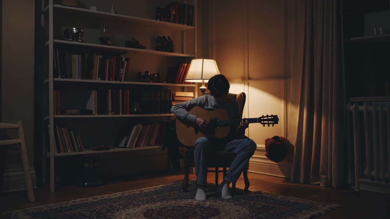 Person Playing Acoustic Guitar in a Cozy Living Room at Night