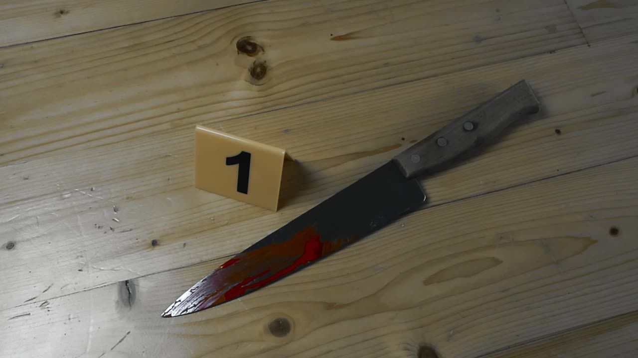 Top down view of a kitchen knife covered in blood stains on a wooden floor next to a yellow colored police investigation forensic crime scene marker in an apartment or house inside. Emergency