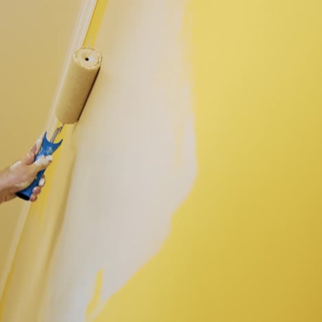man painting wall in room. close up of man in new apartment renovating room painting wall with brush roller