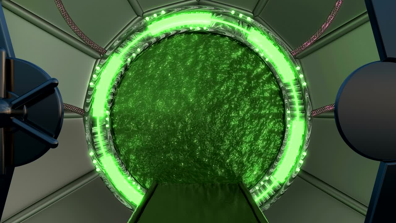 la escotilla de hierro abre una vista panorámica a la escena del paisaje de la nave espacial. fondo abstracto 3d de corredor de ciencia ficción con portal. tecnología futurista abstracto vj para títulos tecnológicos y fondo.